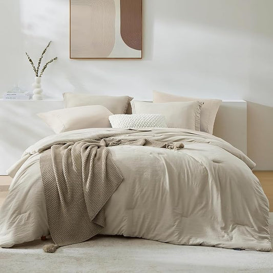 WRENSONGE King Size Comforter Set, 7 Pieces Soft Light Oatmeal Bed in a Bag King with Fitted Sheet, Flat Sheet, 2 Pillow Shams, and 2 Pillowcases- Warm Bedding Set for All Season