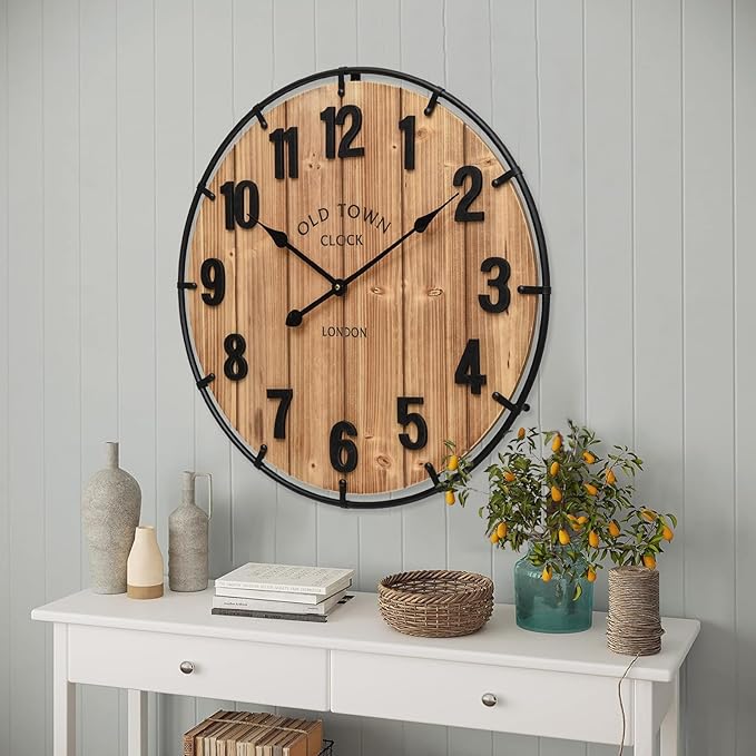 20 Inch Farmhouse Wall Clock Large Old Town Vintage Rustic Wooden Clock with Metal Rim and Large Numerals, Silent Battery-Operated for Office, Kitchen, Bedroom, and Living Room