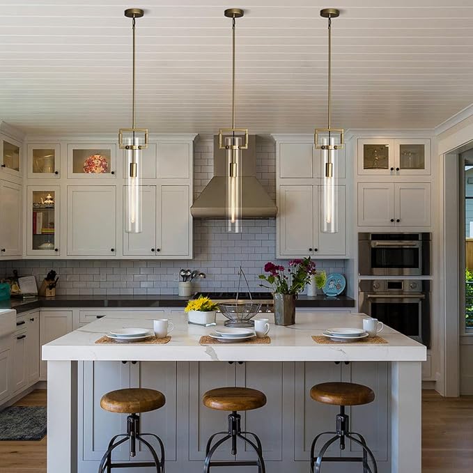 Modern Large Gold Pendant Light Fixture Set of 2-21.6 Inch Adjustable Hanging Chandelier with Glass Shade & Brass Finish, Farmhouse Island Lighting for Kitchen, Dining Room, Bathroom