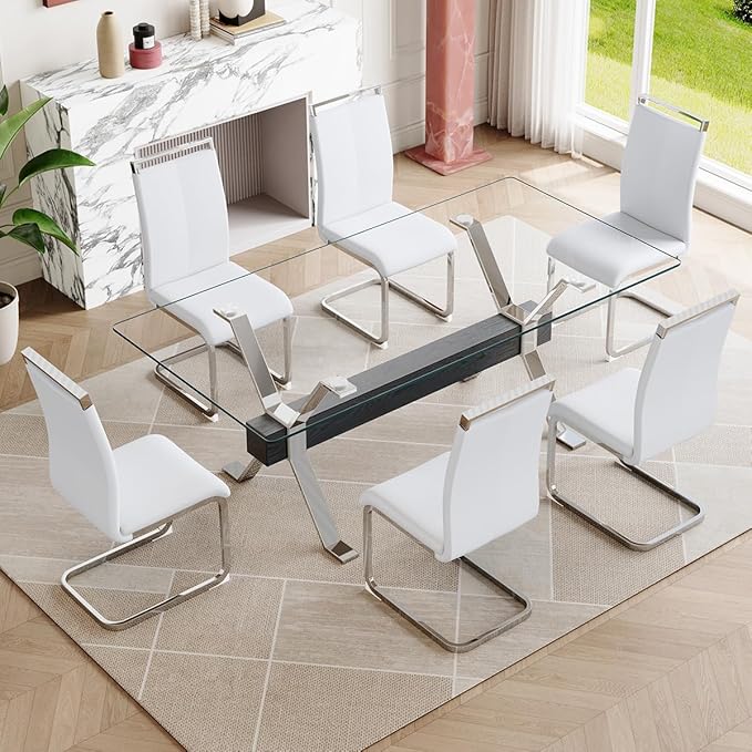 7 Piece Glass Dining Table Set, Kitchen Table Chairs Set for 6, 71'' Dining Table with 0.4" Tempered Glass Tabletop with Plated Metal Legs and MDF Crossbar, 6 PU Chairs for Dining Room, Kitchen.