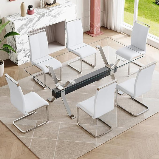 7 Piece Glass Dining Table Set, Kitchen Table Chairs Set for 6, 71'' Dining Table with 0.4" Tempered Glass Tabletop with Plated Metal Legs and MDF Crossbar, 6 PU Chairs for Dining Room, Kitchen.