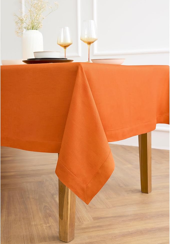 Solino Home Linen Tablecloth for Rectangle Tables 60 x 90 Inch - 100% Pure Linen Persimmon Orange Table Cloth - Fete, Machine Washable Cloth Tablecloth for Fall, Autumn, Halloween, Thanksgiving