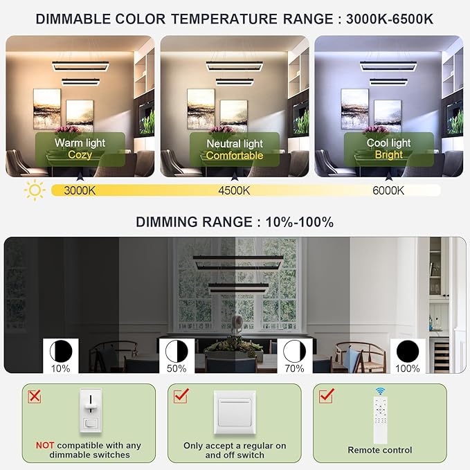 2 Rings Modern LED Chandelier Black 23.6inch Rectangle Dimmable LED Pendant Light with Remote Control 2 Tier Flush Mount High Ceiling Light for Dining Living Room Foyer(3000K-6500K, H59)