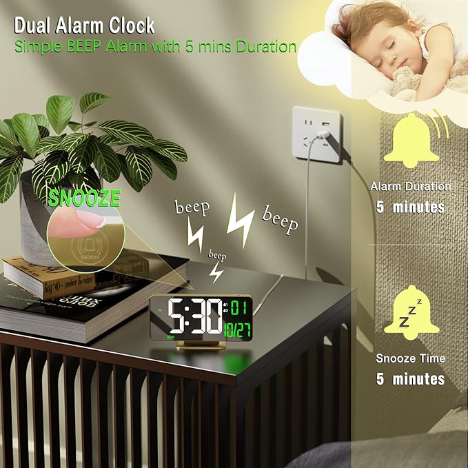 KOSUMOSU Desk Clock for Bedroom Accessories 6.7in Gold Digital Alarm Clock with Dimming,12/24h, Date, Day of Week, Temp, LED Clock, Modern Digital Calendar Clocks for Living Room Essentials