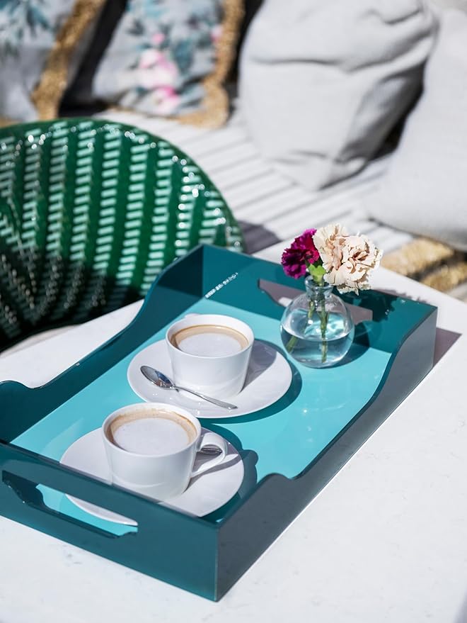 Lacquered Tray - Swell, Turquoise/Green L – Large Decorative MDF Piece with Handles for Coffee Table, Ottoman, or Vanity Display, 17.13" x 11.22"