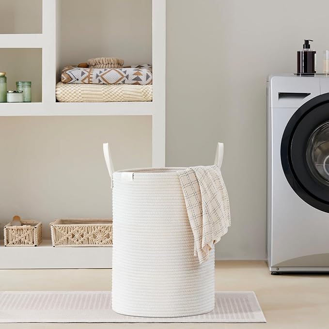 VIPOSCO Tall Laundry Basket, Large Dirty Clothes Hamper with Leather Handle, Woven Rope Storage Basket for Blanket, Toy In Living Room, Bathroom, Bedroom - 58L White