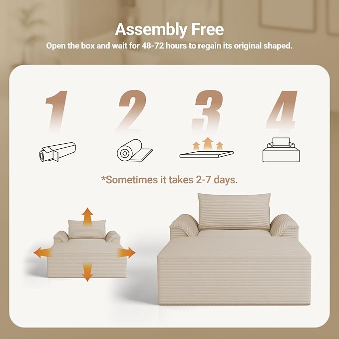 Claiks 68" Oversized Chaise Lounge Chair Indoor, Corduroy Upholstered Boneless Sofa Bed, Deep Seat Sleeper Couch with Pillows and Armrest, Cloud Sofas Reading Chair for Living Room, Khaki