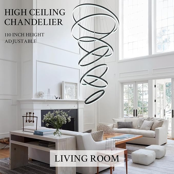 7-Rings D31.5’’ Modern LED Chandelier Black Dimmable High Ceiling Chandeliers Foyer with Remote Control for Staircase Entryway Dining Room Living Room, 3000K-6500K
