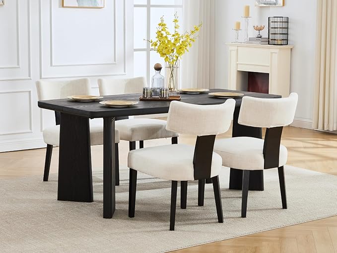 Wooden Dining Table Set of 4, Farmhouse Rectangular Dining Room Table with 4 Upholstered Beige Dining Room Chairs, Black Frame, Modern Black Kitchen Table and Linen Chairs Set for Home