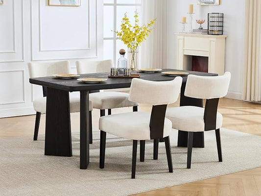 Wooden Dining Table Set of 4, Farmhouse Rectangular Dining Room Table with 4 Upholstered Beige Dining Room Chairs, Black Frame, Modern Black Kitchen Table and Linen Chairs Set for Home