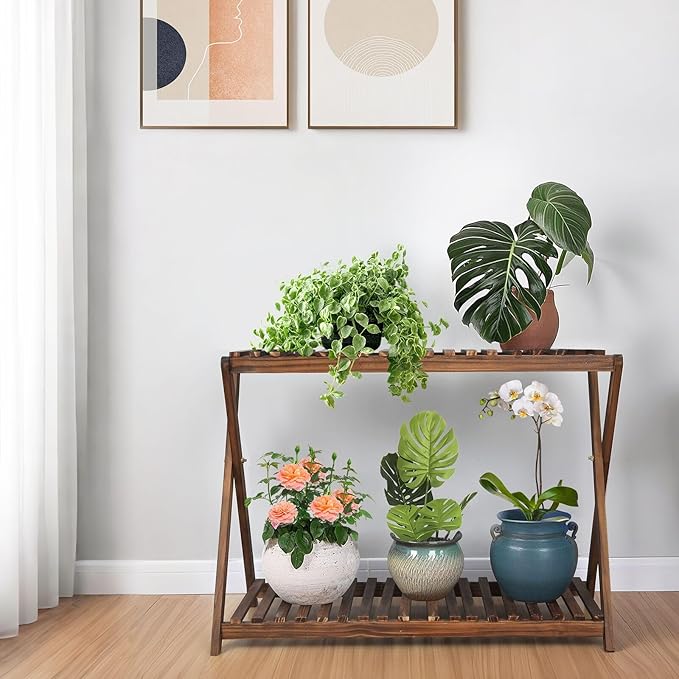 Wooden Plant Stand Indoor 2 Tier Narrow Plant Stand Outdoor Plant Shelf Display Rack Corner Flower Rack Stand for Living Room Garden Patio Balcony (X-Cross Design)