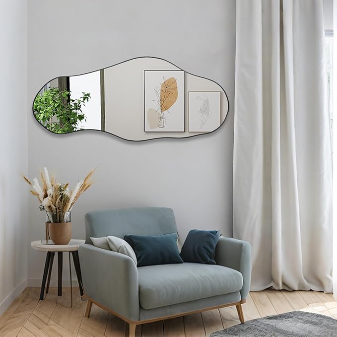 Large Irregular Mirror, 47.2"x21.4" Asymmetrical Oblong Mirror, Cloud Shaped Mirrors, Modern Waved Decorative Mirrors for Living Room Bathroom Bedroom Entryway Fireplace