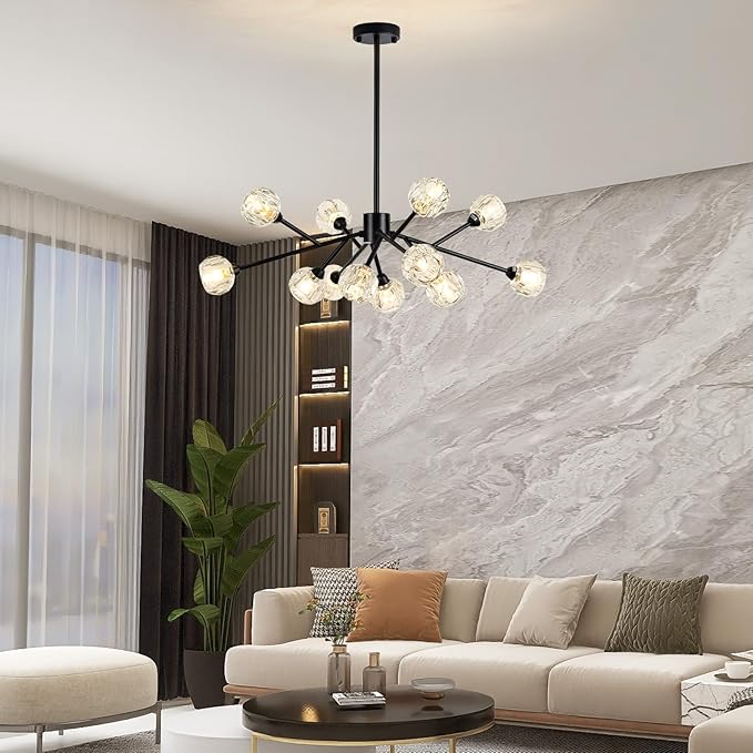 Sputnik Chandeliers for Dining Room Light Fixture Over Table, Modern Crystal Chandeliers, 12 Lights Black Lighting Fixtures for Living Room Bedroom Kitchen Island Bar