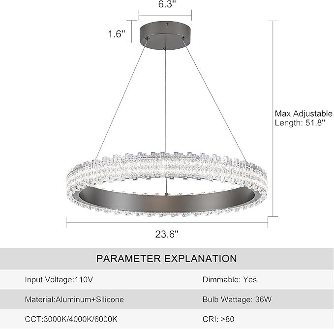 Modern Silver Grey Led Pendant Light,36W Dimmable LED Chandelier Lighting Fixture, 1 Ring Circular Hanging Led Pendant Lighting for Living Room Dining Room Kitchen Island Foyer Office
