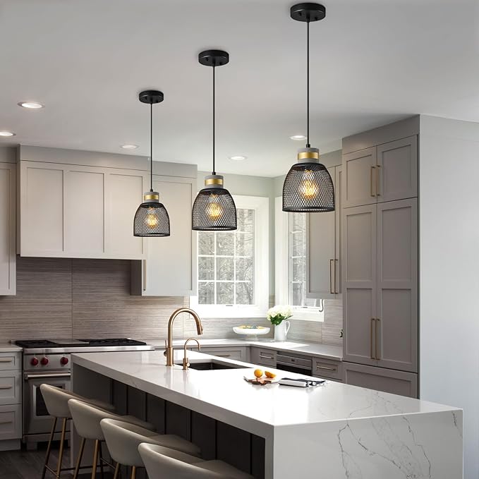 Modern Industrial Pendant Light Fixture with Concrete and Black Metal Linear Shade Black Pendant Light Kitchen Island for Bedroom Dining Room Restaurant(Black 1-Pack)