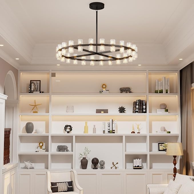 Dia 40" Modern Black Crystal Chandelier,40-Lights Crystal Chandeliers for Dining Room,Wagon Wheel Chandelier for Living Room Foyer Modern Farmhouse Chandelier