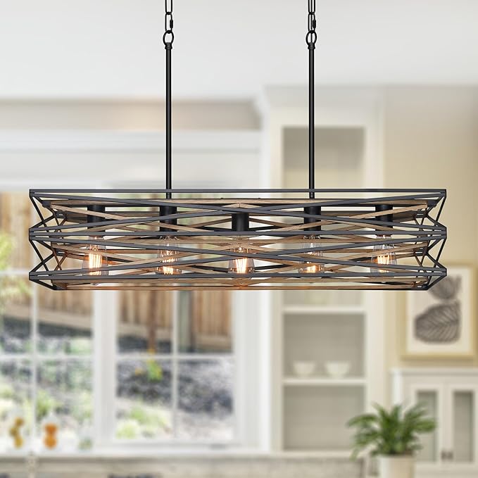 33.5''Farmhouse Dining Room Light Fixture,5-Light Kitchen Island Lighting,Industrial Chandelier for Dining Room Over Table Kitchen,Large Linear Chandelier with Retro Wood Texture Interior