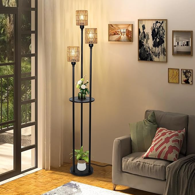 Dimmable Boho Floor Lamps for Living Room, 3-Lights Farmhouse Floor Lamp with 3-Way Foot Switch, Rattan Floor Lamp with Shelves, Rustic Standing Lamp with Rattan Shades, Tall Lamps for Bedroom