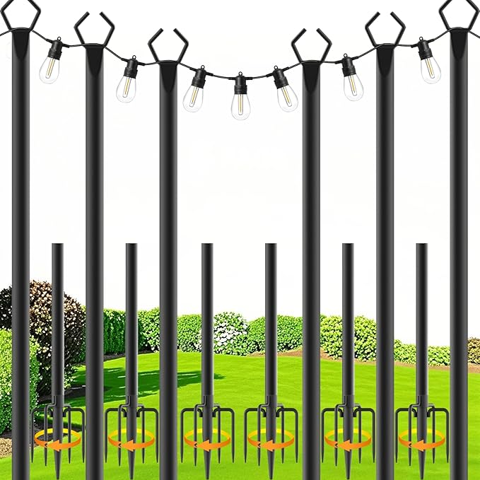 zoegi 6 Pack 10 Ft String Light Poles,Light Poles for Outside Lights with Fork,Outdoor Brackets Hanging Lights,Metal Stand for Deck Patio,Backyard,Wedding,Deck,Party