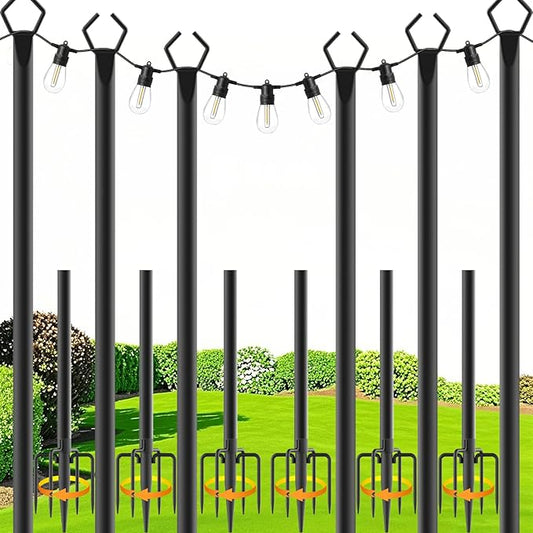 zoegi 6 Pack 10 Ft String Light Poles,Light Poles for Outside Lights with Fork,Outdoor Brackets Hanging Lights,Metal Stand for Deck Patio,Backyard,Wedding,Deck,Party