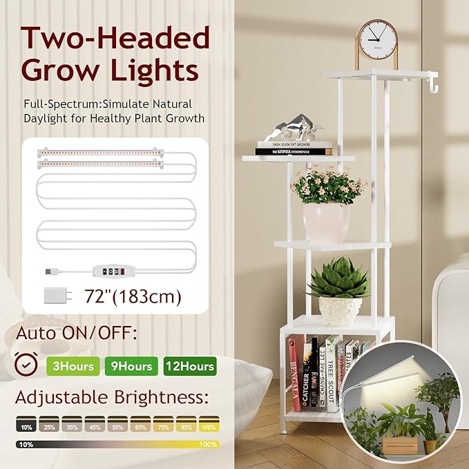Plant Stand Indoor with Grow Light, 5-Tiered Tall Plant Stand Indoor, Metal Plant Shelf with Hanging Basket Hook and Adjustable Light, Ideal for Living Room, Garden, (2 Patio white)