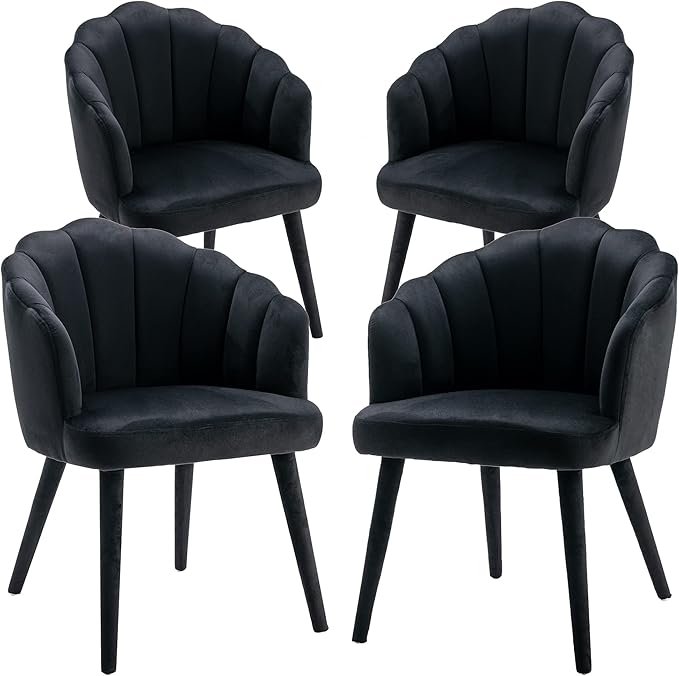 Velvet Dining Chairs Set of 4 Modern Accent Chairs Upholstery Side Chairs with Upholstered Wood Legs for Home Kitchen Living Room, Black