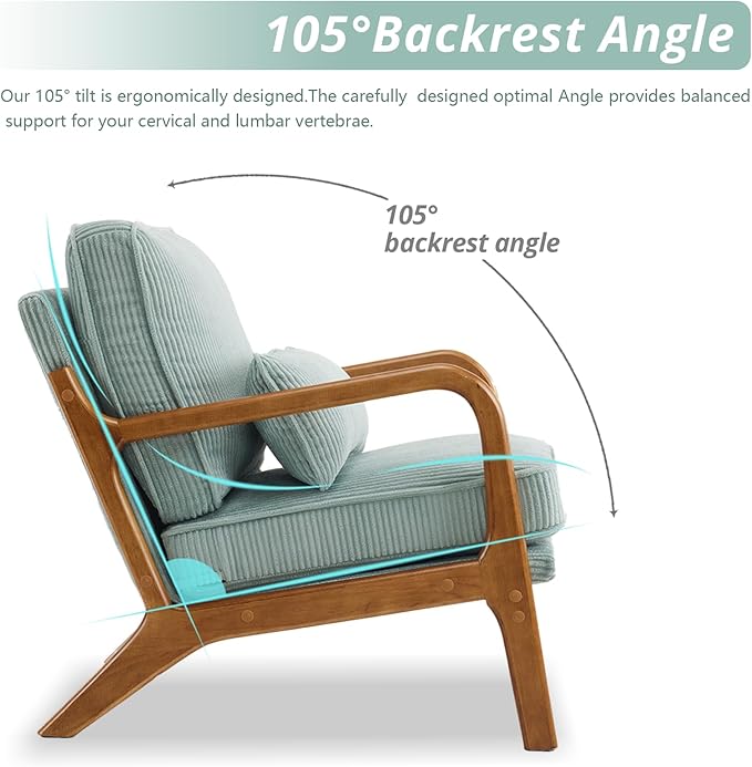 Karl home Mid-Century Modern Accent Chair, Living Room Chairs with Pillow Corduroy Upholstered Lounge Armchair with Solid Wood Frame & Soft Cushion for Bedroom, Reading Room, Teal