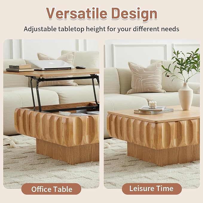 31" Lift Top Coffee Table for Living Room, Fluted Coffee Table with Hidden Storage, Mid Century Modern Solid Wood Veneer Square Center Table for Office Apartment Small Space, Natural