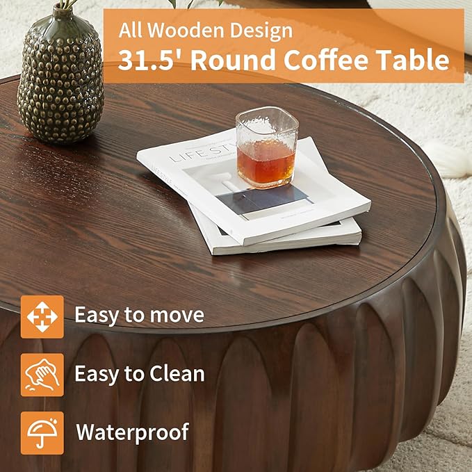 31.5" Round Coffee Table Drum Table Contemporary Wood Fluted Centry Table with Solid Wood Veneer for Living Room (Walnut)
