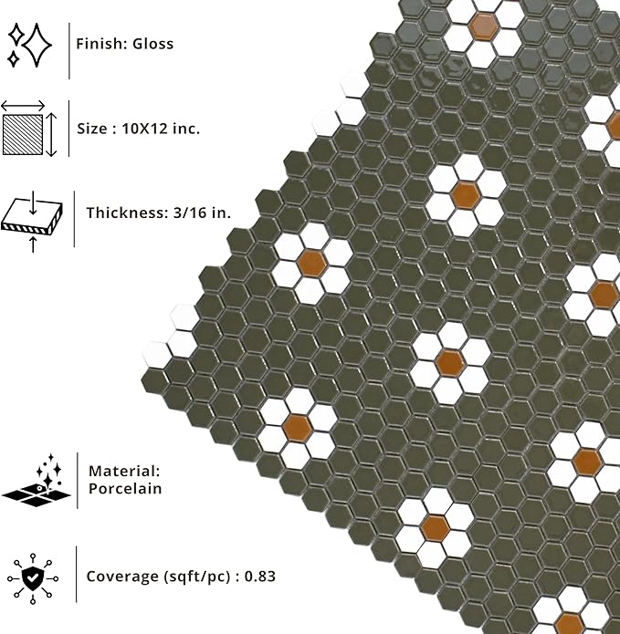 Tenedos Hexagon Glossy Green & White Flower Porcelain Mosaic Tile – Kitchen Backsplash, Bathroom Wall & Shower Floor Tile (5 Sheets)