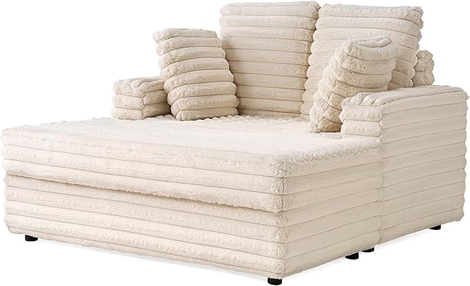 VanAcc 53 Inch Chaise Lounge Indoor, Plush Sleeper Chair with Throw Pillows, Upholstered Sofa Bed with Armrests, Plush Chair Bed for Living Room(Creamy White)