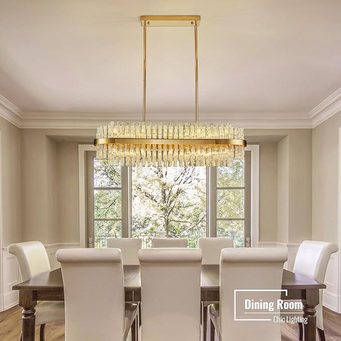 Siljoy Modern Crystal Chandelier 20 Lights Gold Rectangle 2 Tiers Raindrop Chandelier Luxury Adjustable Flush Mount Oval Pendant Ceiling Light Fixture for Dining Living Room Kitchen Island L40 Inch