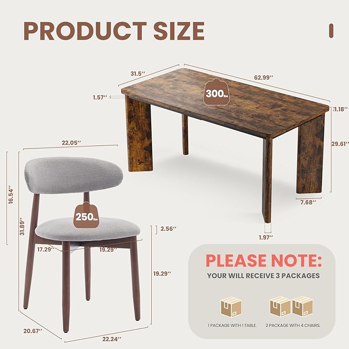 5-Piece Rectangular Dining Table Set for 4, 63" Industrial Kitchen Table with 4 Wooden Upholstered Dinner Chairs for Dining Room, Kitchen, Living Room, Brown+Light Gray