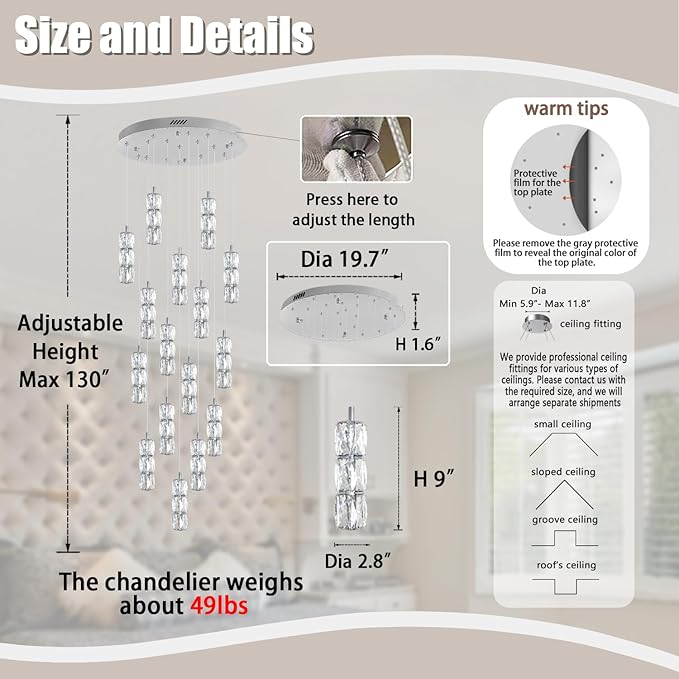 Modern Crystal Chandelier 16-Lights Silver Chandeliers Lighting Fixture High Ceiling Chandelier Suitable for Living Room Staircase Villa