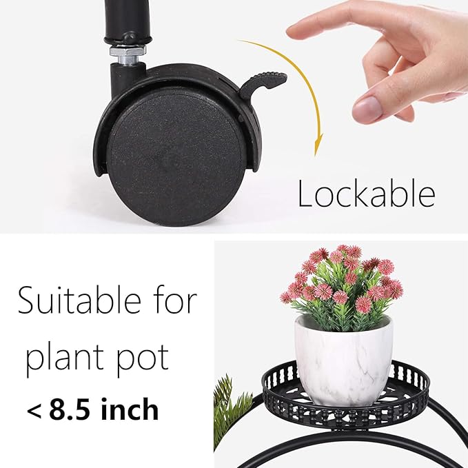 unho Metal Plant Stand 6-Potted: Flower Pot Holder with Wheels 4 Tier Display Shelf Rack for Patio Balcony Yard Garden Home Decor, Black