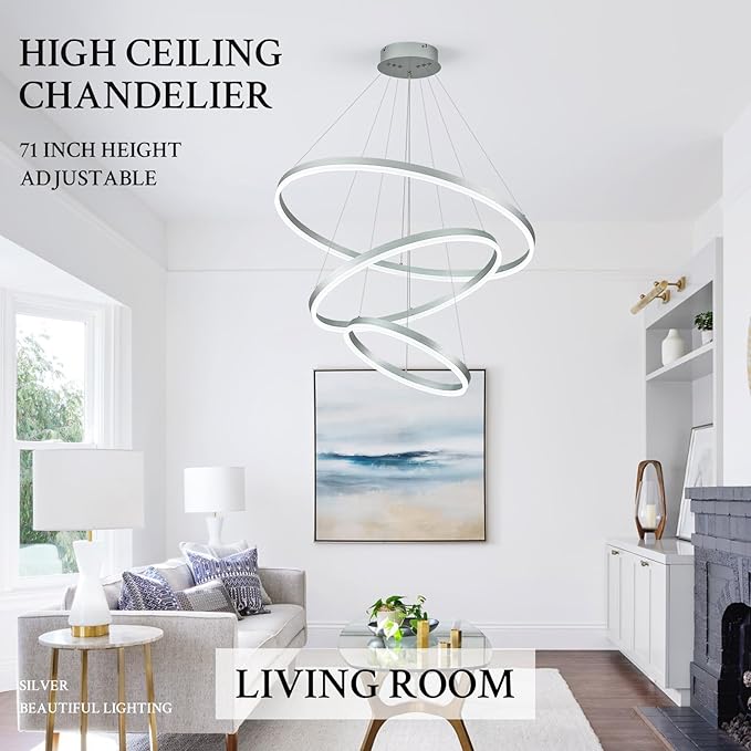 3-Rings Modern LED Chandelier Silver, Dimmable Pendant Lighting with Remote Control Circular Flush Mount High Ceiling Light for Living Room Dining Room Foyer, 3000K-6500K D31.5’’