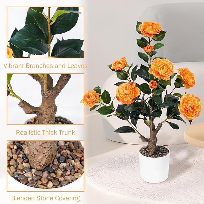 2FT Artificial Camellia Tree, Small Fake Tree for Outdoor Indoor, Plastic Potted Plants for Home Office, Tabletop Desk Orange Flower Plants (1 Pack)