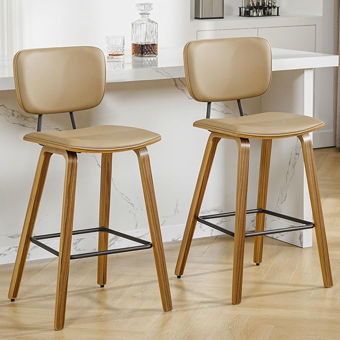Counter Height Bar Stools Set of 2, PU Leather Upholstered Barstools with Backs, Bent Wood Legs, 26 Inch Seat Height, Mid Century Modern Counter Stools for Kitchen Island, Brown