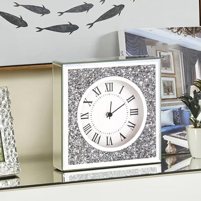 Desk Clock Wall Clock 8x8x2Inch Crushed Diamond Mirrored Clock Table Top Decorative Clock for Home Decoration. AA Battery not Included