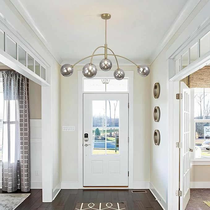 Modern Gold Chandelier 5 Light Smoke Gray Semi Flush Mount Chandelier Vintage Industrial Ceiling Light Dining Room Chandelier for Kitchen Bedroom Hallway