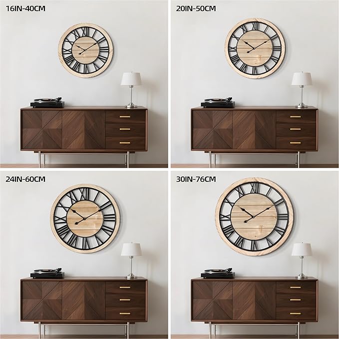 LEIKE 16 Inch Large Wall Clock - Rustic Wooden Silent Non-Ticking Wall Clock with Black Metal Frame, Vintage Farmhouse Decorative for Living Room, Bedroom, Kitchen - Roman Numerals, Modern Design