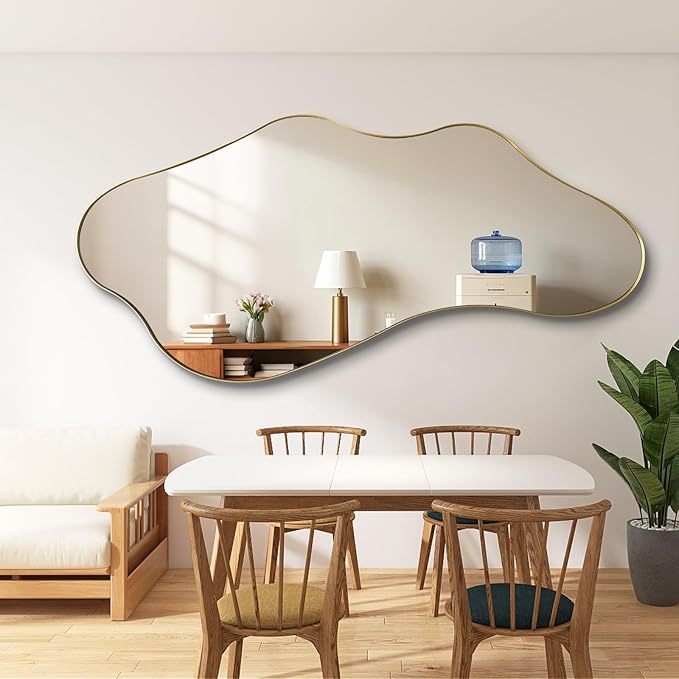 Irregular Mirror Full Length, Large Asymmetrical Wall Mirrors, 63"x30" Gold Wavy Floor Mirror for Dressing, Abstract Mirrors Decorative for Living Room Bathroom Bedroom Hallway Entryway