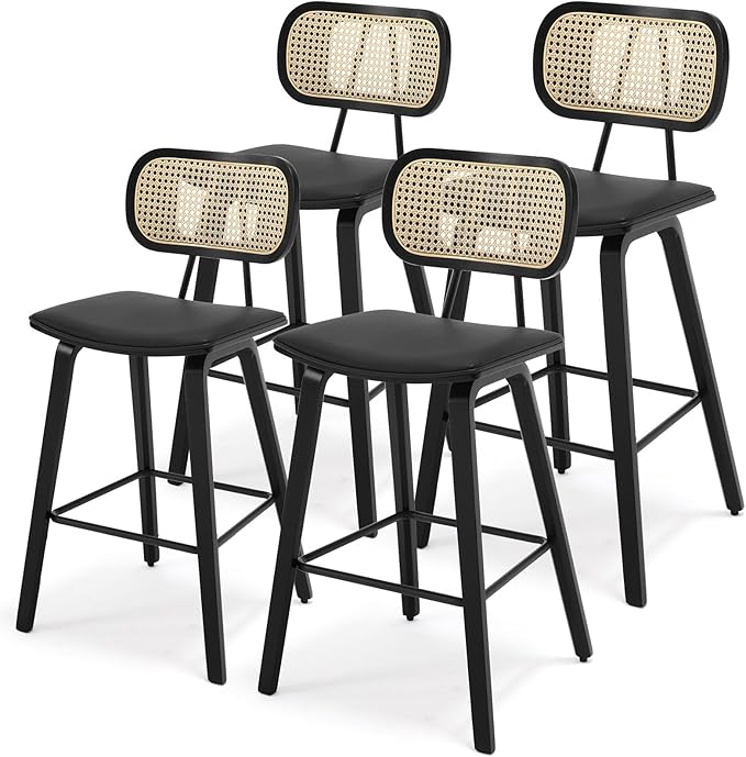 Counter Height Bar Stools Set of 4, 26" PU Leather Upholstered Rattan Barstools, Mid Century Modern Bar Chairs with Black Wood Legs, Armless Walnut Kitchen Island Dining Bar Chair, Black