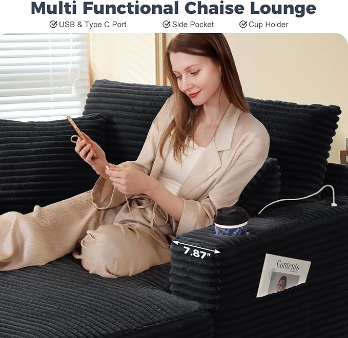 HUSFU 60'' Oversized Chaise Lounge Chair, Upholstered Sofa Bed, Sleeper Couch Reading Chairs with USB Port and Cup Holders,Comfy Cloud Sofas Couches for Living Room,Black