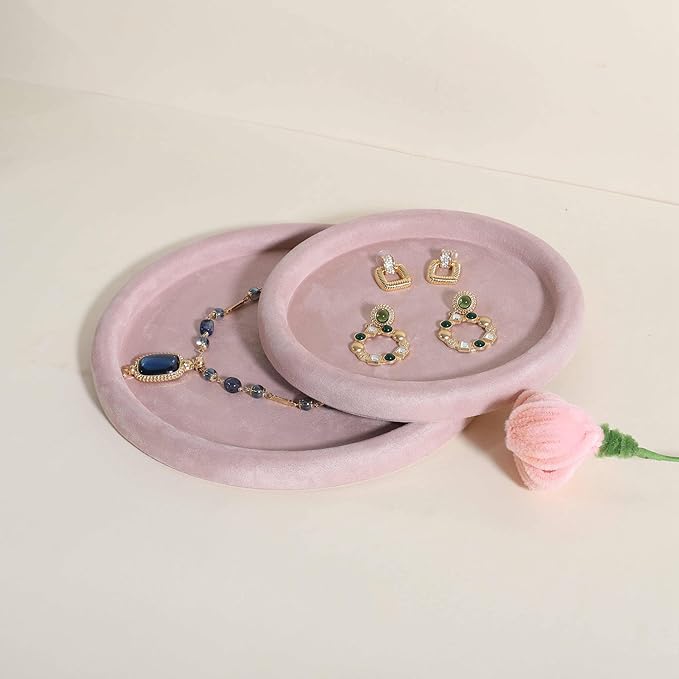 GemeShou Round Jewelry Organizer plate, Top Microfiber velvet Jewerly display tray, Empty Jewelry showcase tray for Necklace Bracelet Ring Earring display stand holder (Pink-Medium, 7.9 x 7.9 in)