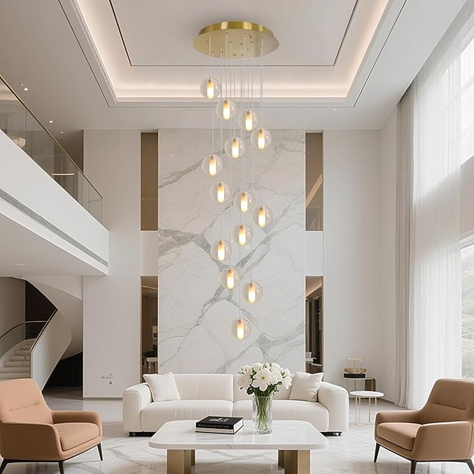 Gold 14 Lights Bubble Staircase Chandelier for High Ceiling, Dimmable Modern Crystal Raindrop Large Long Hanging Pendant Light for Stairwell Living Room Stair Foyer, Bulbs Included
