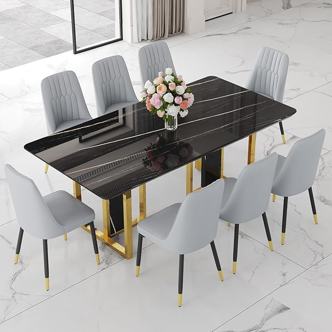 TesNus 79" Black Dining Table Set for 8 with Chairs,Large Faux Marble Kitchen Table and Chairs Set Rectangular 9 Piece Dining Room Set with Gold Metal Legs,Easy Assemble,Stable Base