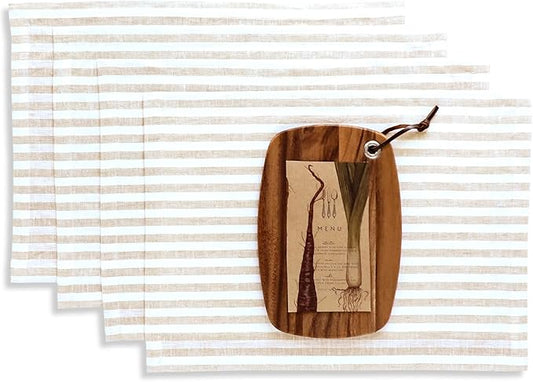 Solino Home Linen Placemats Set of 4 - Amalfi Stripe Natural and White Placemats 14 x 19 Inch - 100% Pure Linen Place Mats for Fall, Autumn, Thanksgiving, Christmas, Holiday