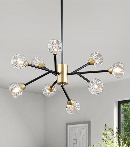 AMZASA Glass Crystal Chandelier for Dining Room, Modern Black and Gold Glass Pendant Lighting, 9 Lights Mid Century Ceiling Light Fixtures for Kitchen Island Living Room Bedroom Bar