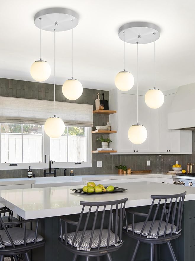 Globe Glass Pendant Light Modern Silver White Globe Glass Chandelier Mid Century Chandelier 3-Light Hanging Fixture for Kitchen Island Foyer Hallway Dining Room